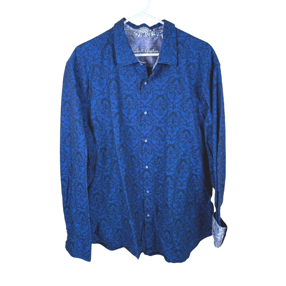 Robert Graham Highland Button Front Shirt Mens 3XL Blue Damask Jacquard Paisley